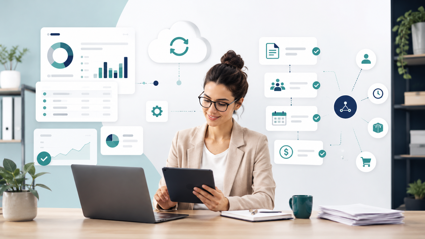 Business professional using a tablet with cloud accounting dashboards and software icons