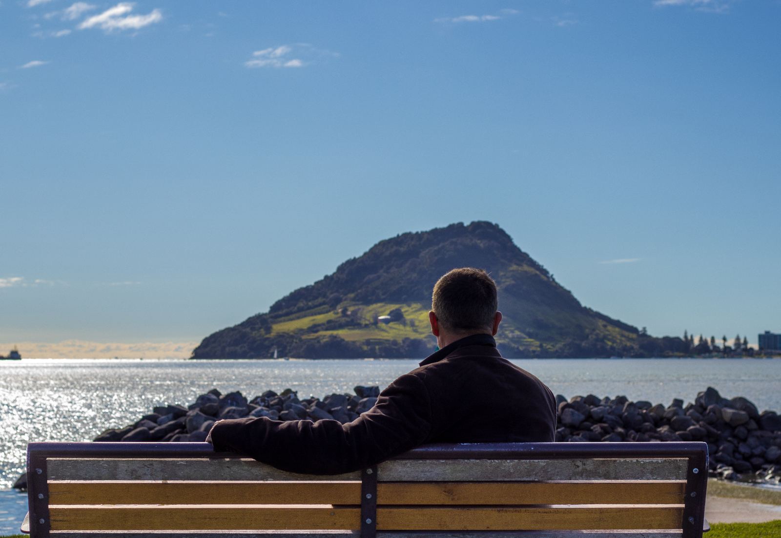 Josef Langreiter CA looking out over Tauranga harbour towards Mauao / Mount Maunganui