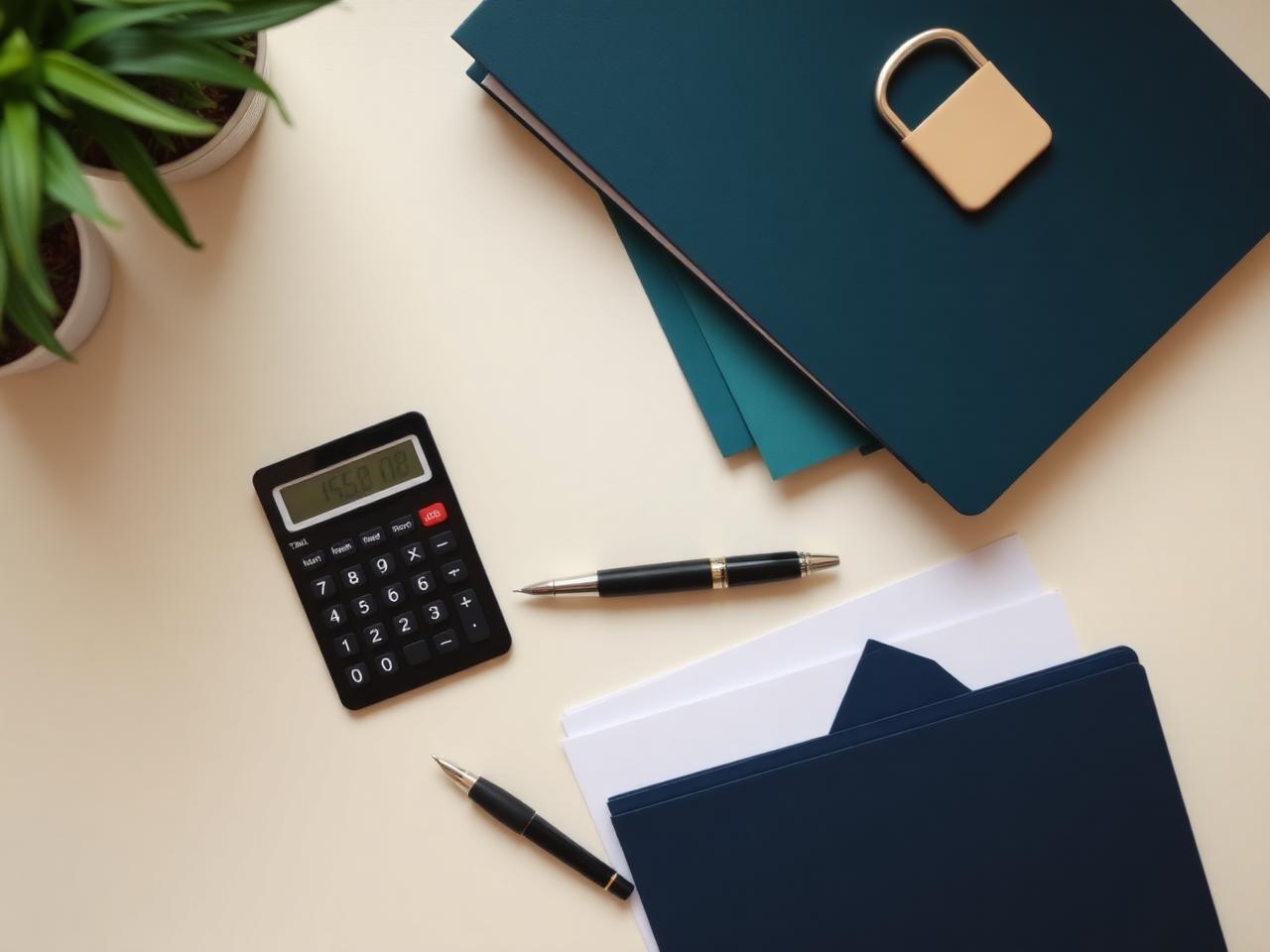 Tax documents, calculator and folders arranged on a desk